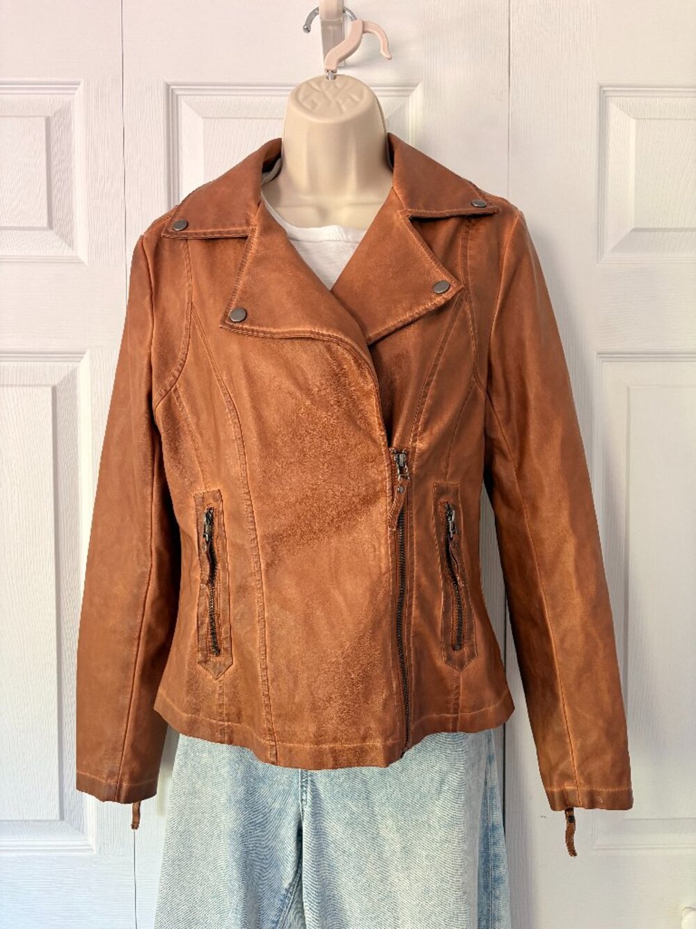 Max Studio Brown Faux Vegan Leather Asymmetrical Moto Jacket Size Small